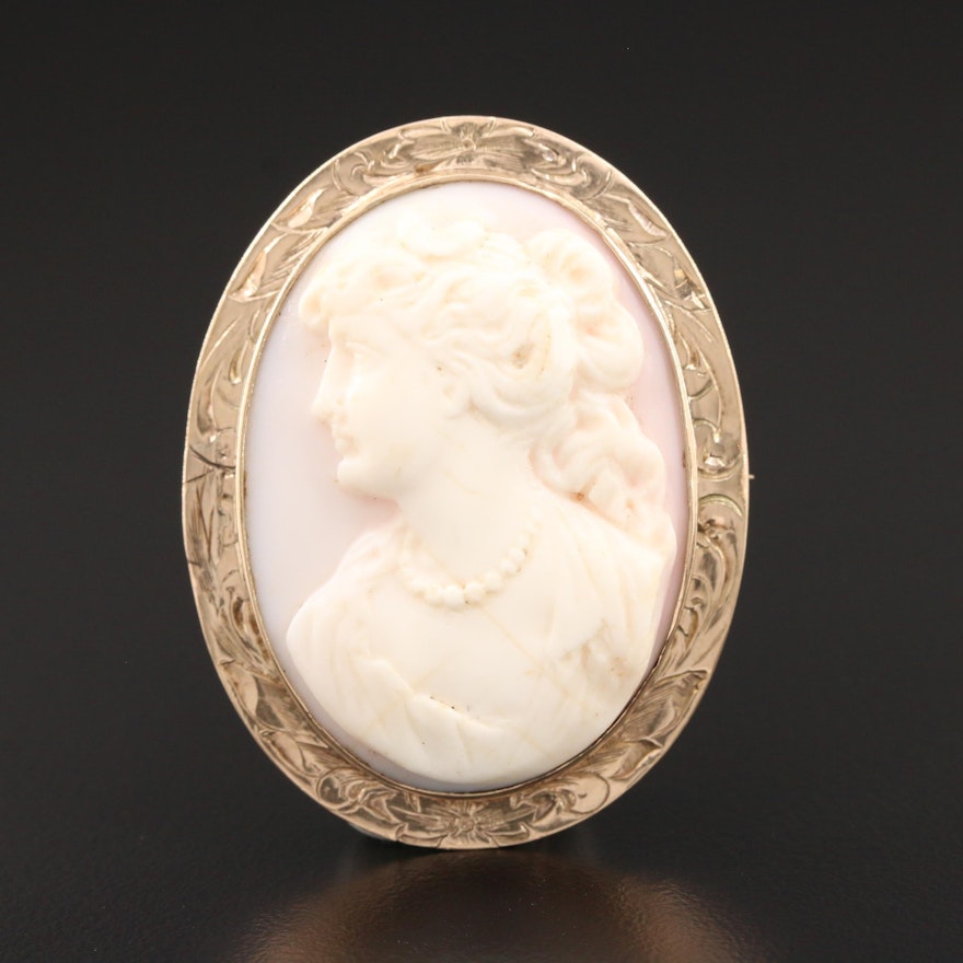 Vintage 10K Yellow Gold and Carved Conch Shell Cameo Converter Brooch
