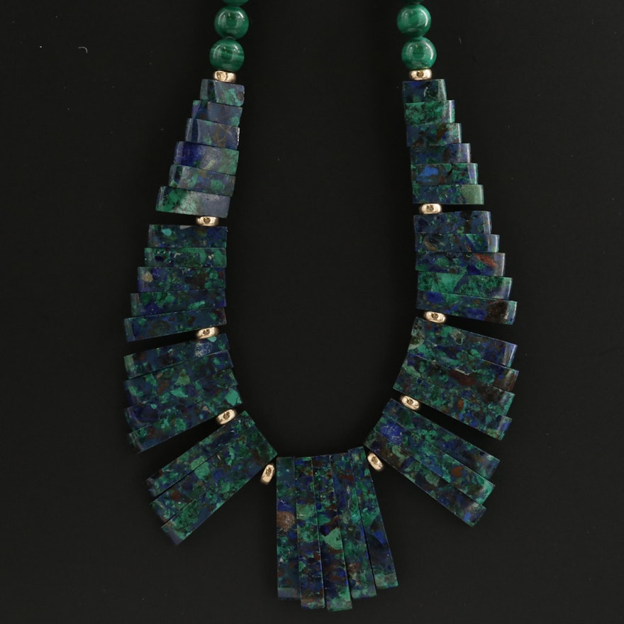 14K Yellow Gold Malachite and Azurmalachite Beaded Necklace