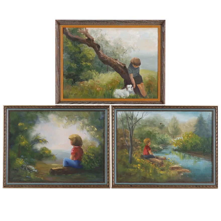 H. Howard Naive Oil Paintings of Children in Landscape