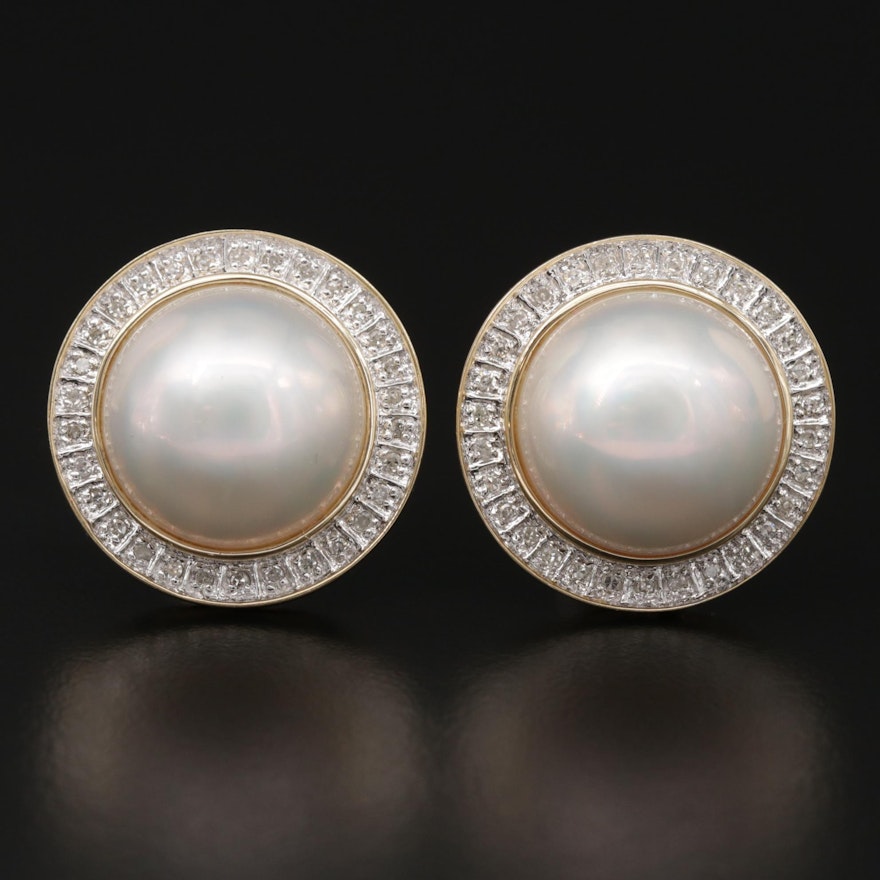 14K Yellow Gold Mabé Pearl Button Earrings with Diamond Halo