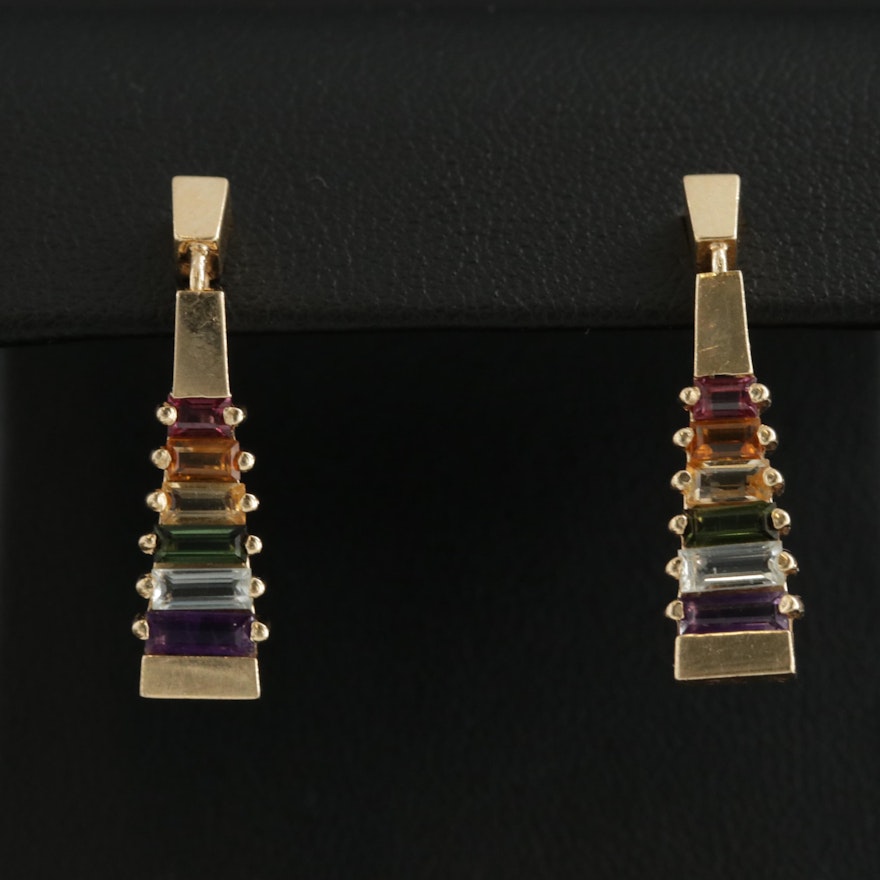 14K Yellow Gold Amethyst and Gemstone Earrings with Geometric Motif