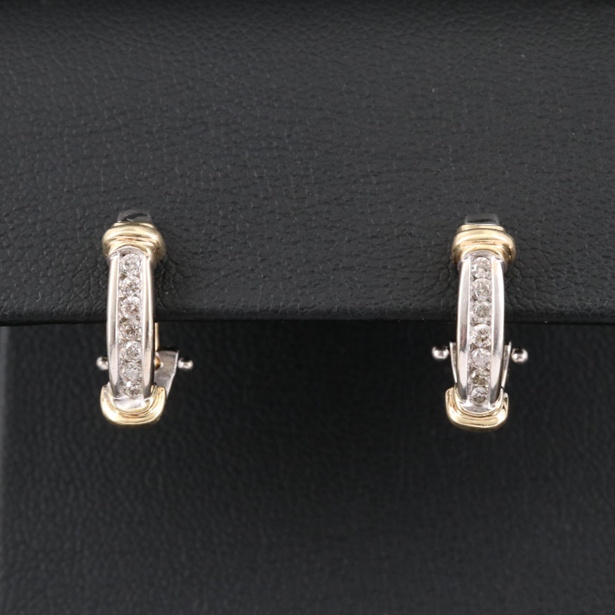 14K Yellow and White Gold Diamond J-Hoop Earrings