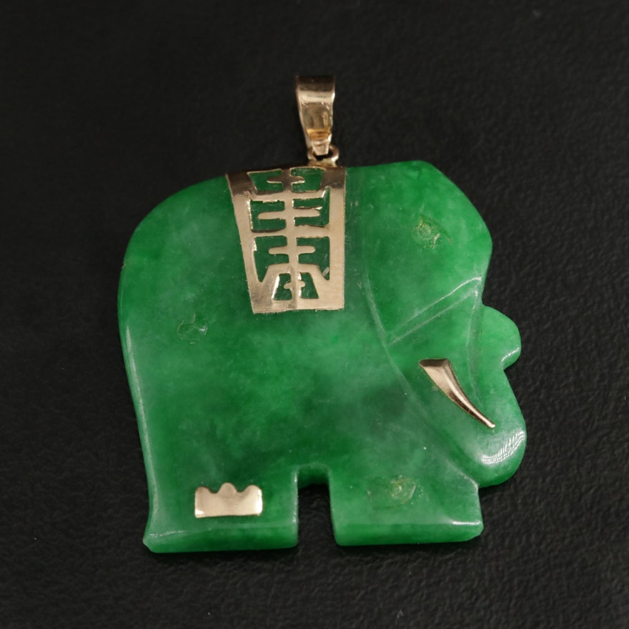 14K Yellow Gold Jadeite Longevity Elephant Pendant