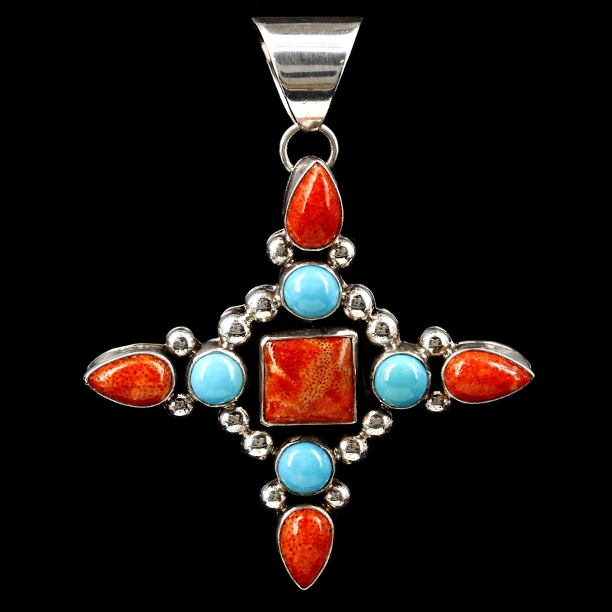 Southwestern Sterling Silver Turquoise and Coral Pendant