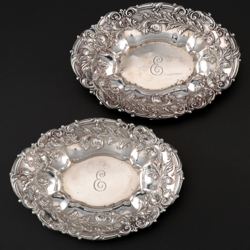 Pair of Meriden Britannia Co. Floral Sterling Nut Dishes, Late 19th/Early 20th C