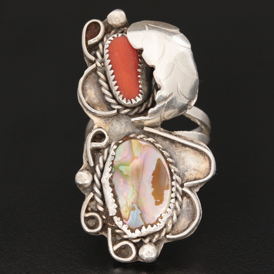 Southwestern Sterling Silver Coral and Abalone Ring