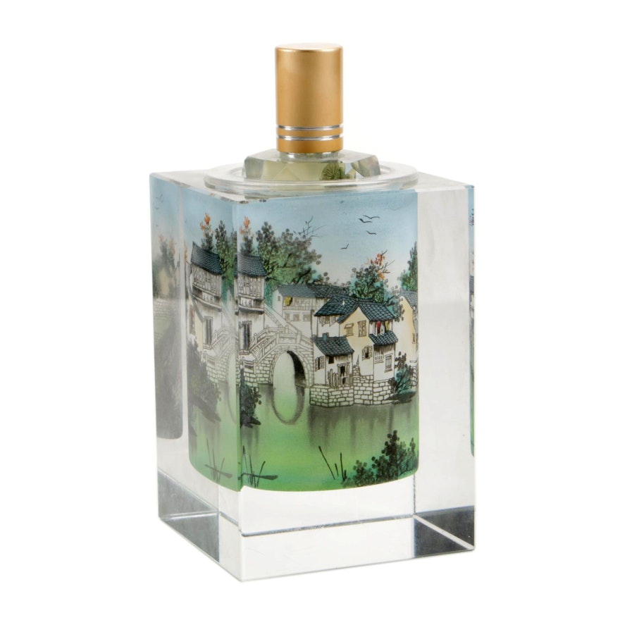 Japanese Hand-Panted Perfume Bottle Encased in Acrylic Block