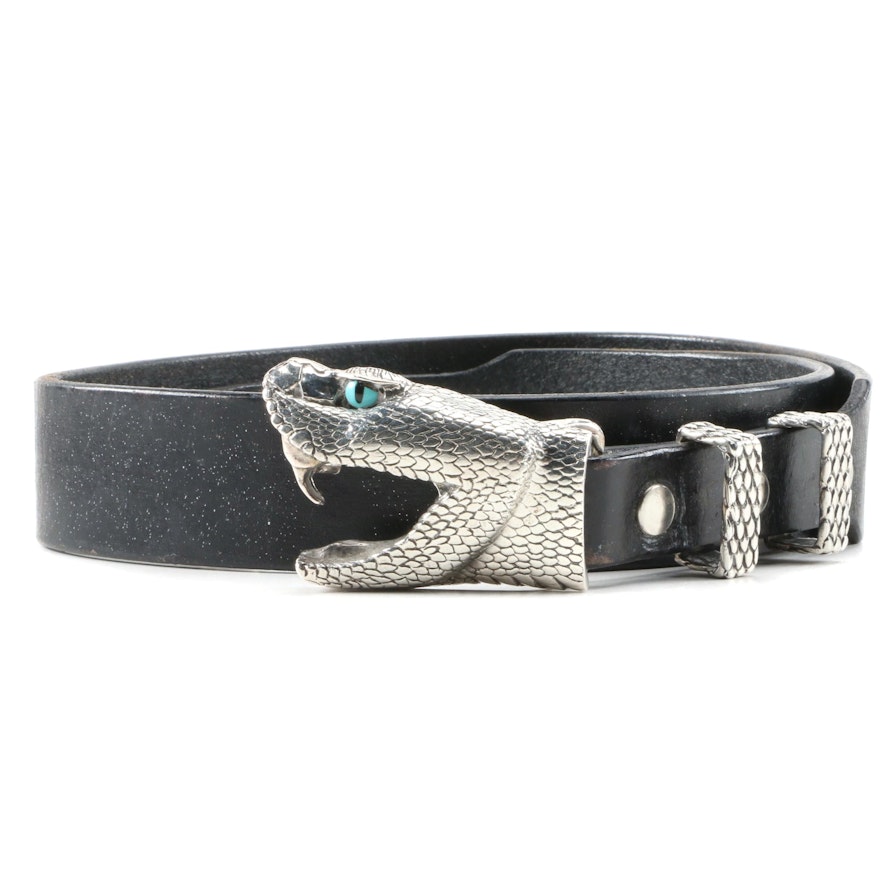 Sterling Silver Viper Head and Black Leather Belt