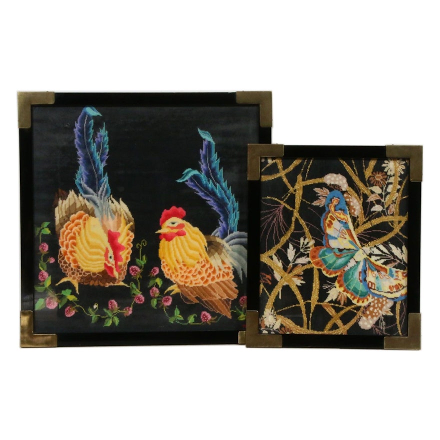 Needlepoint Panels of Chinese Style Chickens and Butterfly