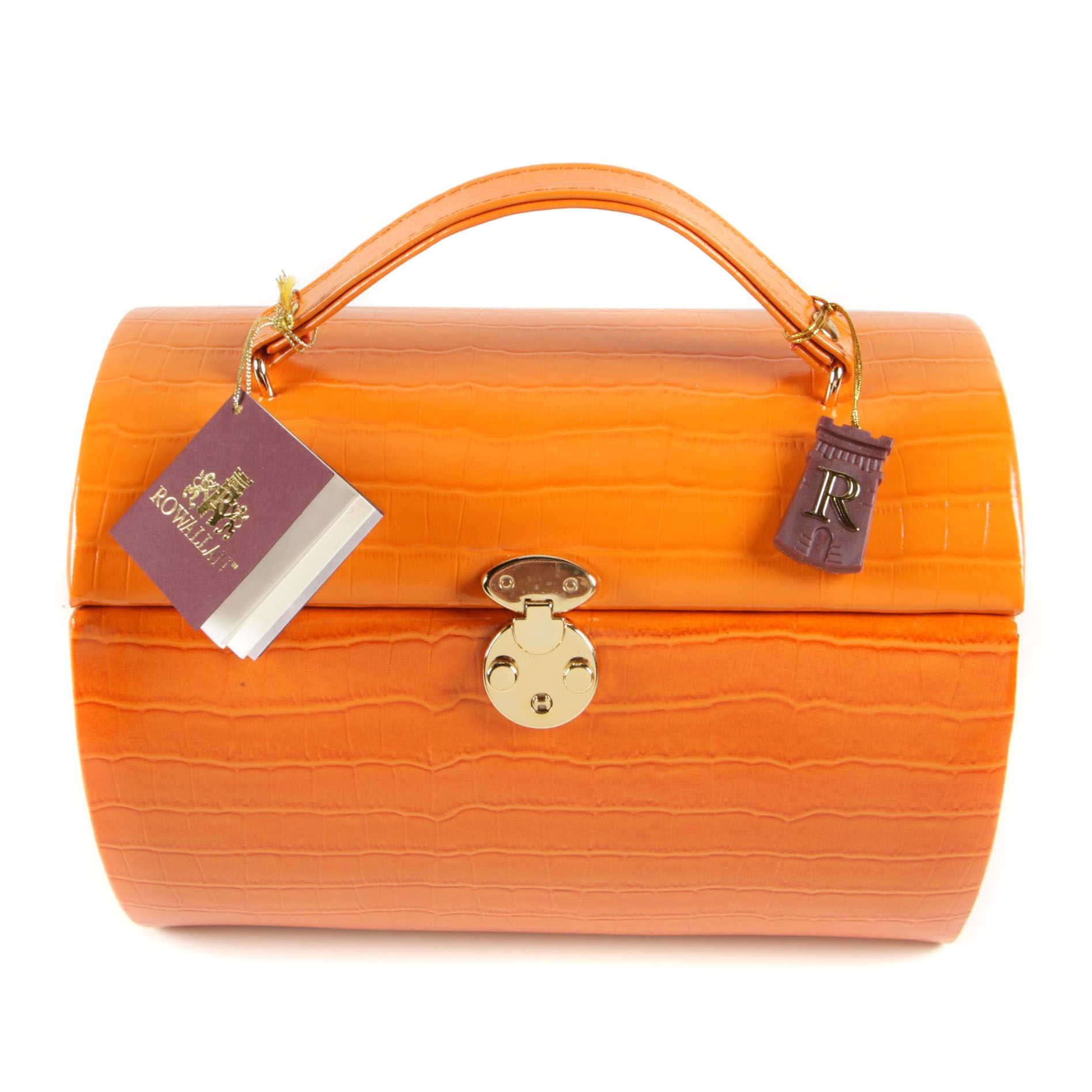 Rowallan Travel Jewelry Case in Croc-Embossed Orange Leather with Box