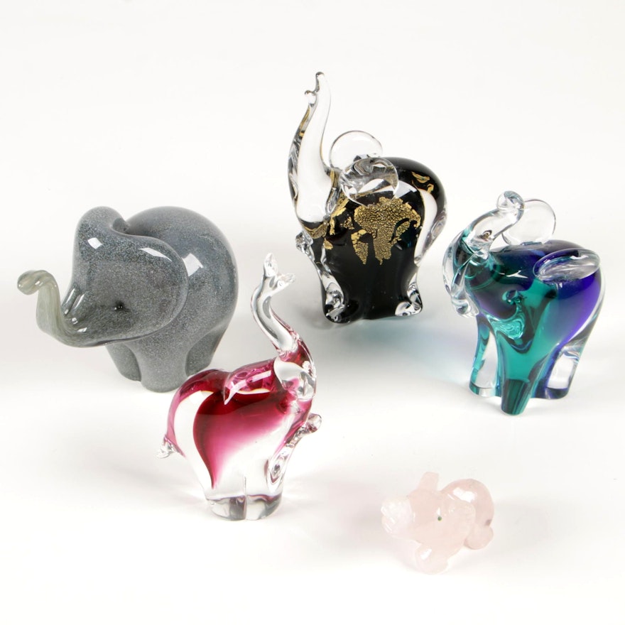 Langham Glass Gray Elephant and Other Glass and Quartz Elephant Paperweights