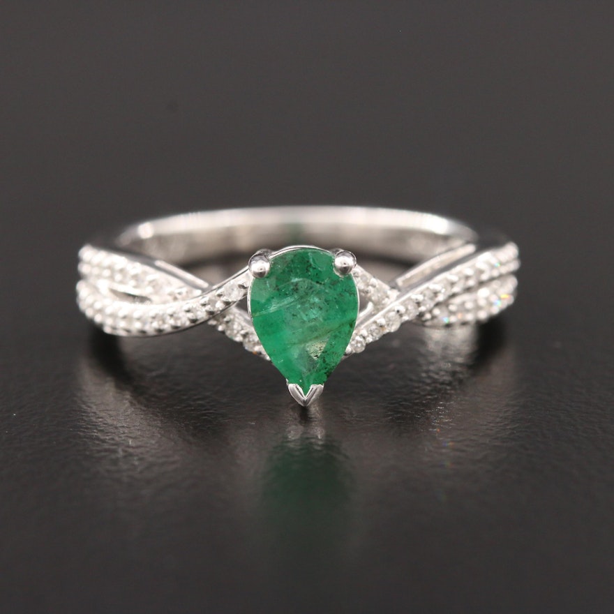 10K White Gold Emerald and Diamond Ring