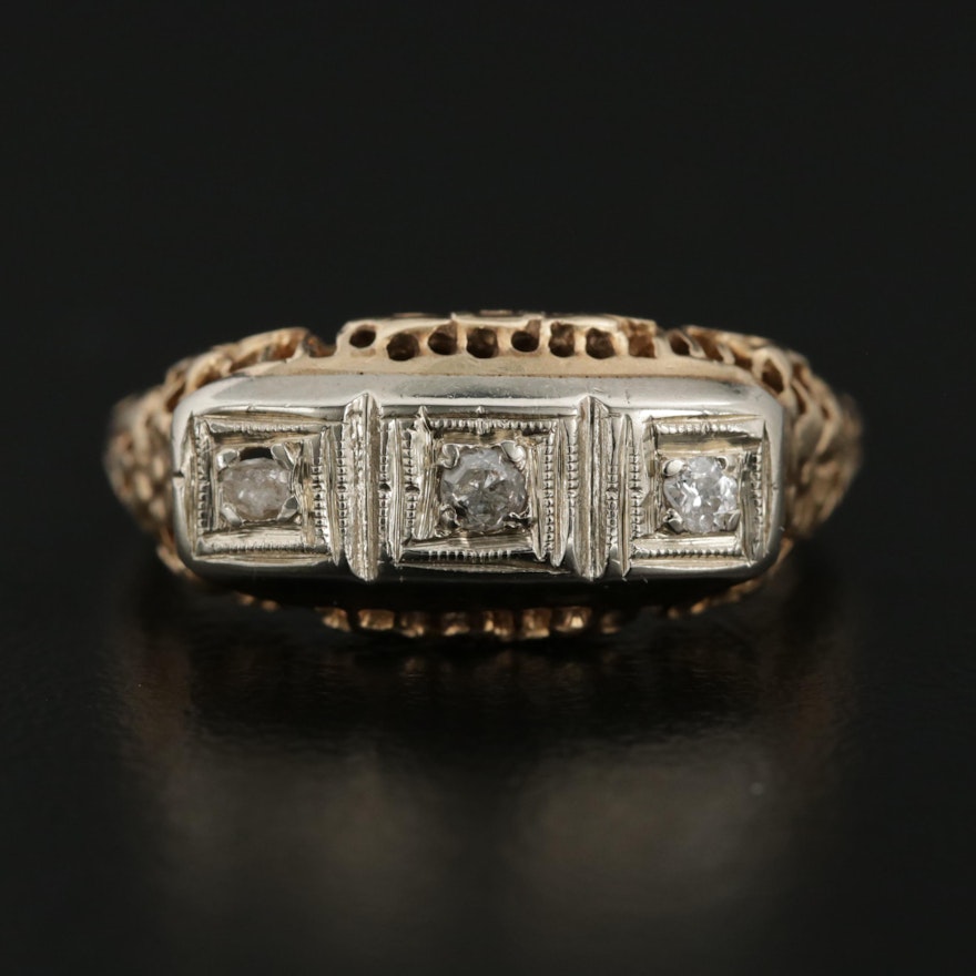 Vintage 14K Yellow Gold Diamond Ring with Filigree Design