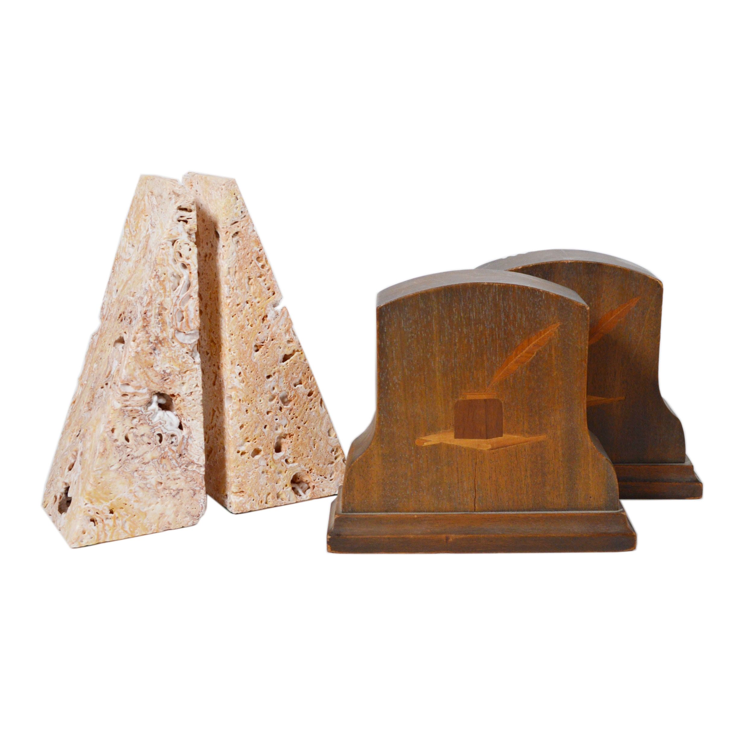 Stone Bookends and Wood Inlay Bookends, Vintage