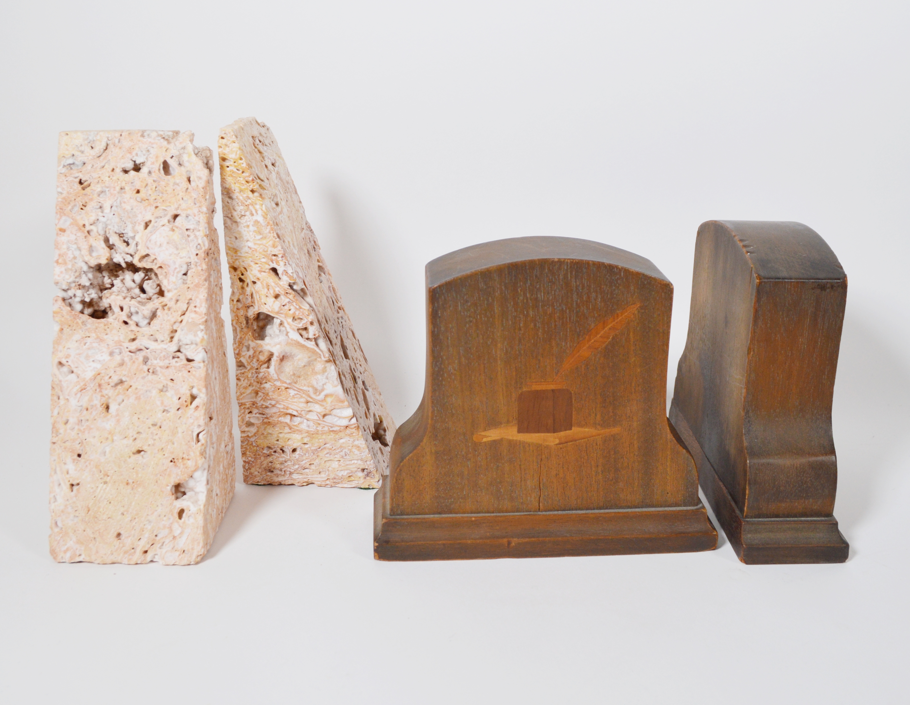 Stone Bookends and Wood Inlay Bookends, Vintage