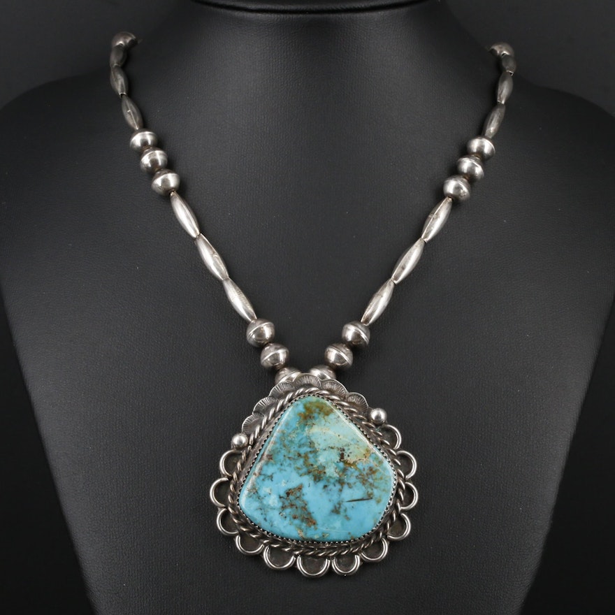 Southwestern Sterling Silver Turquoise Stampwork Pendant Necklace