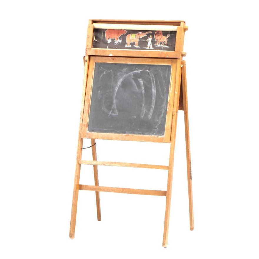 Vintage Child's Chalkboard Stand with Paper Circus Scroll, circa 1940