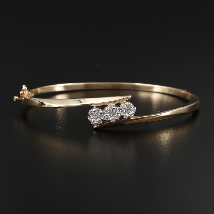 14K Yellow Gold Diamond Cluster Hinged Bracelet