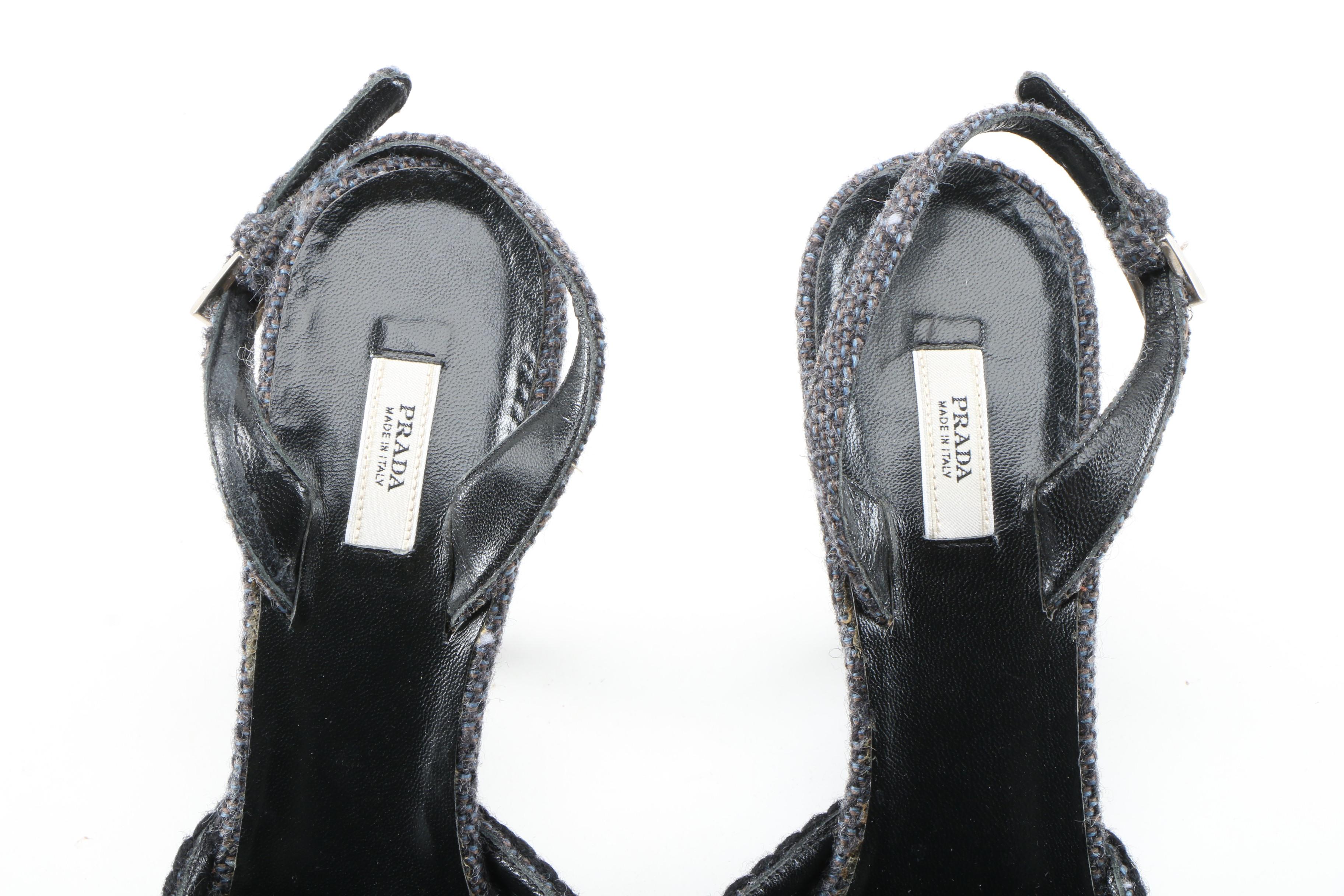 Prada Embellished Tweed Pointed Toe High Heel Slingbacks
