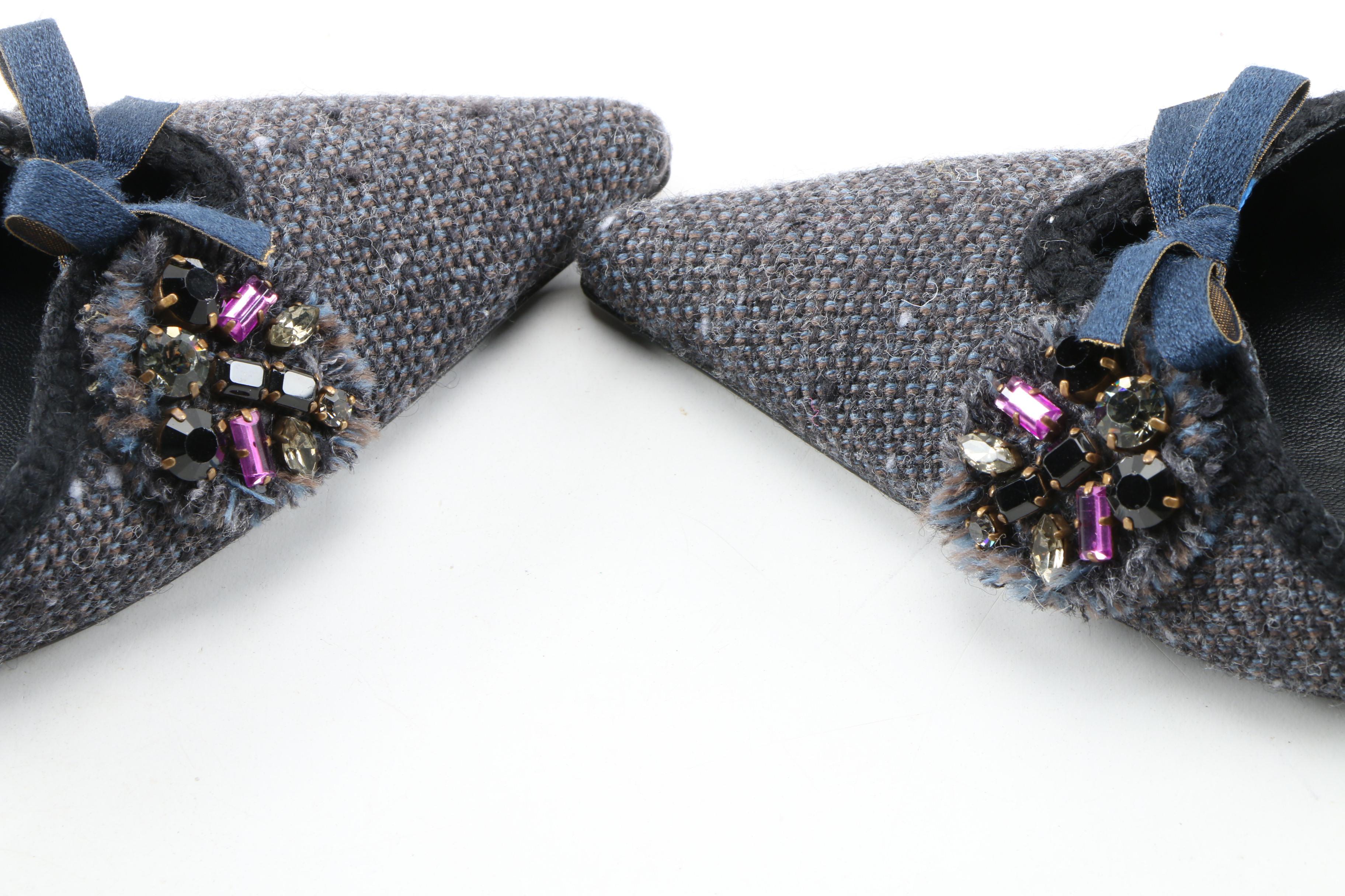 Prada Embellished Tweed Pointed Toe High Heel Slingbacks