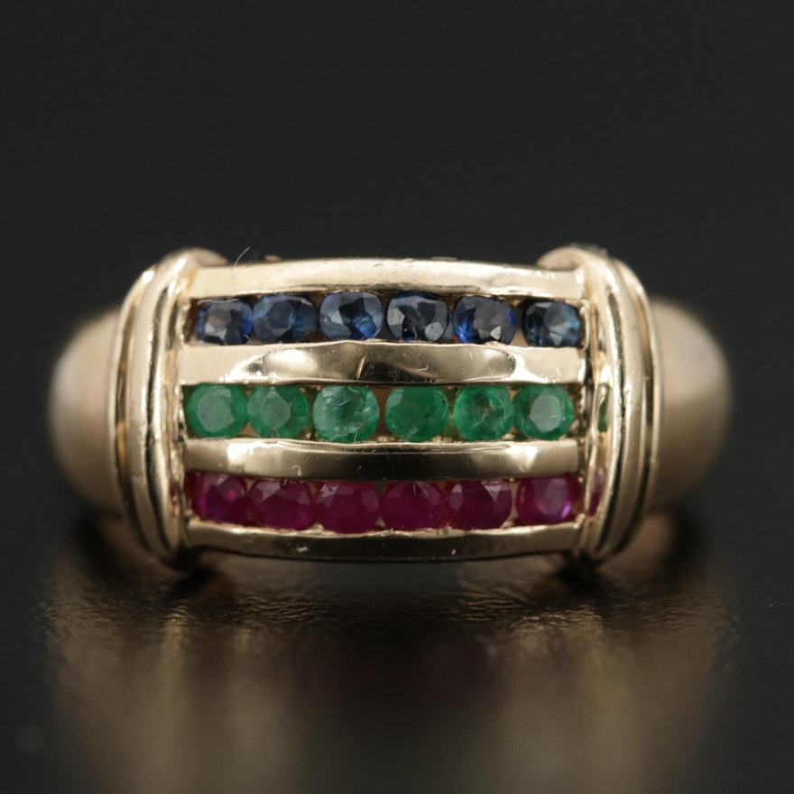 14K Yellow Gold Ruby, Sapphire, and Emerald Channel Ring