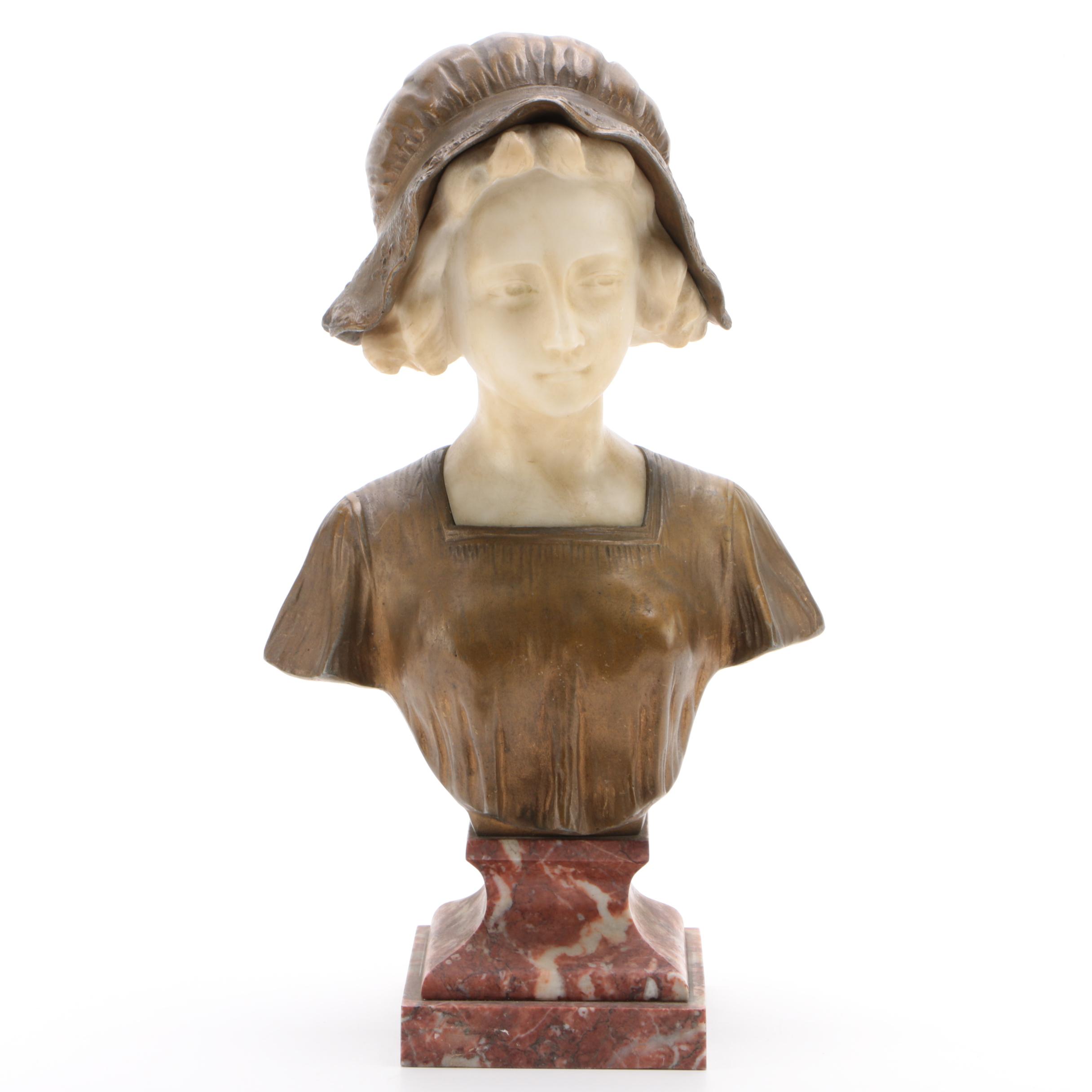 Art Deco Gilt Metal and Marble Female Bust after Affortunato Gory