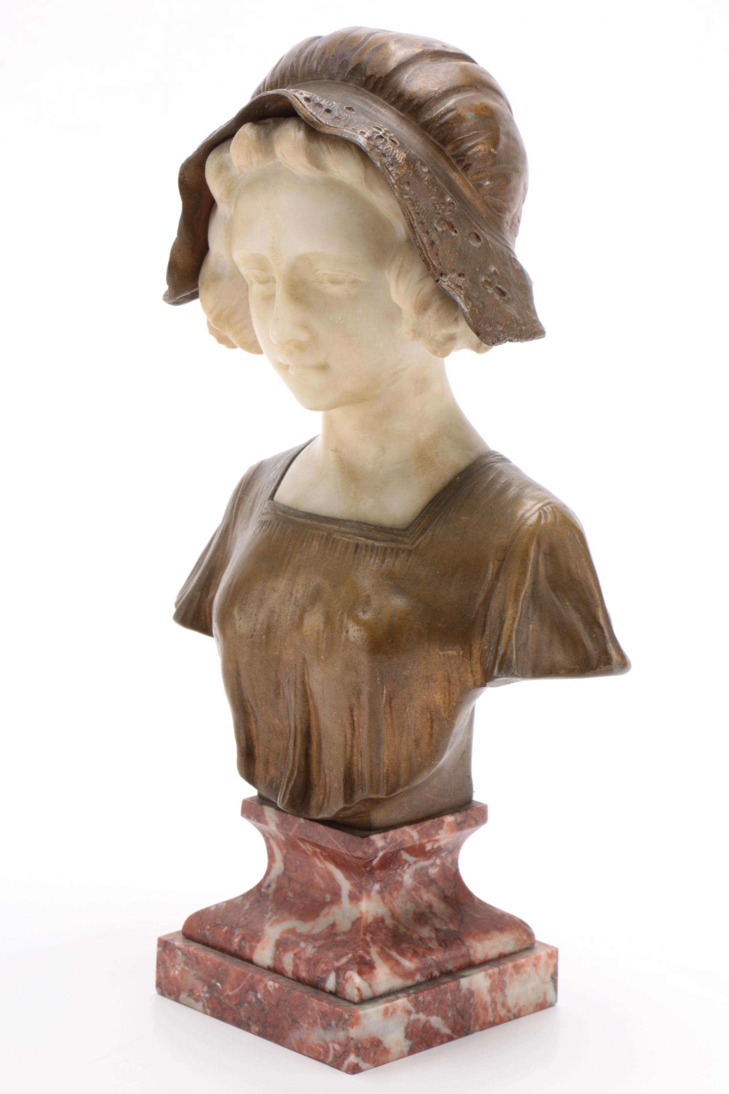Art Deco Gilt Metal and Marble Female Bust after Affortunato Gory