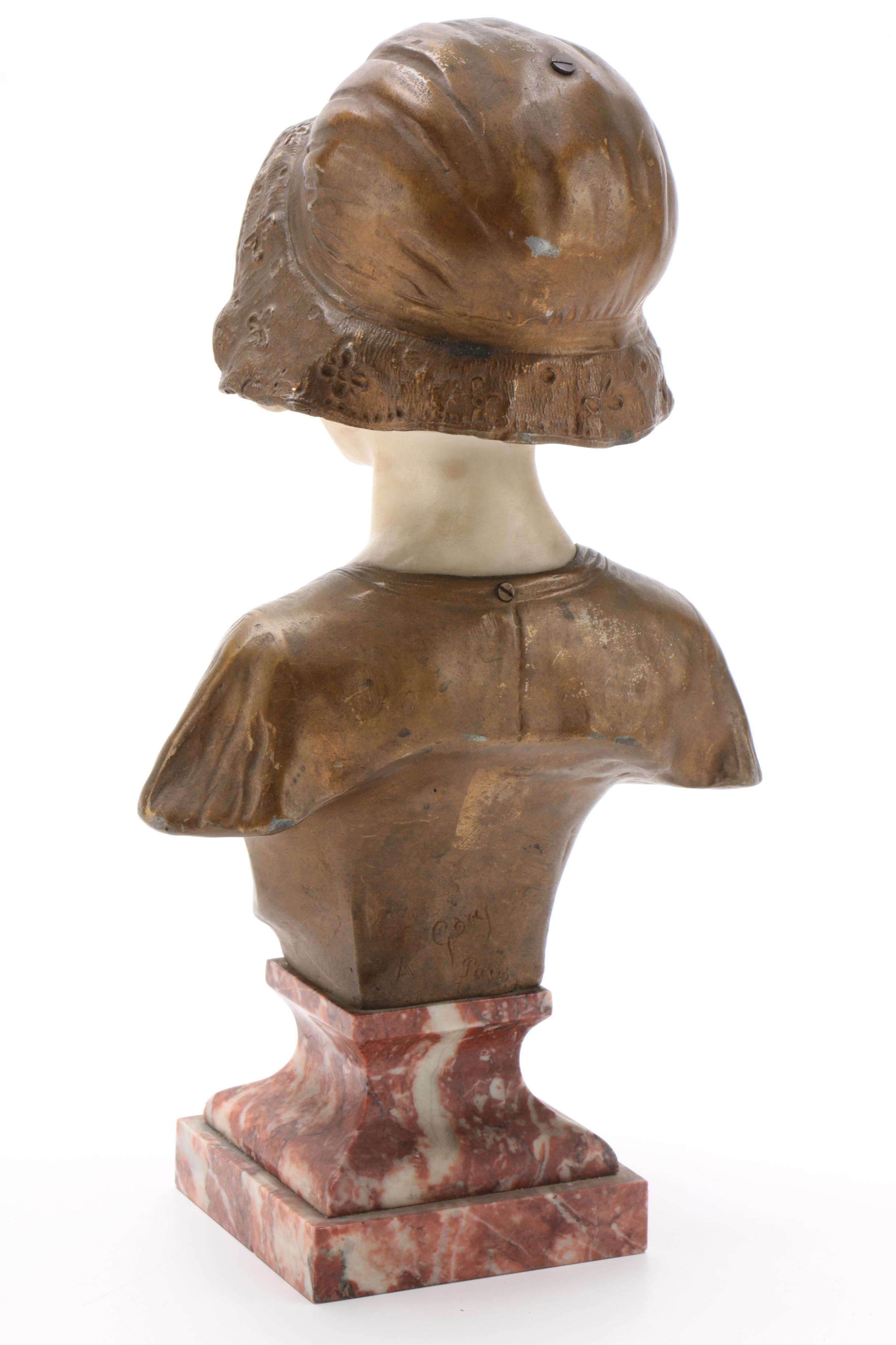 Art Deco Gilt Metal and Marble Female Bust after Affortunato Gory