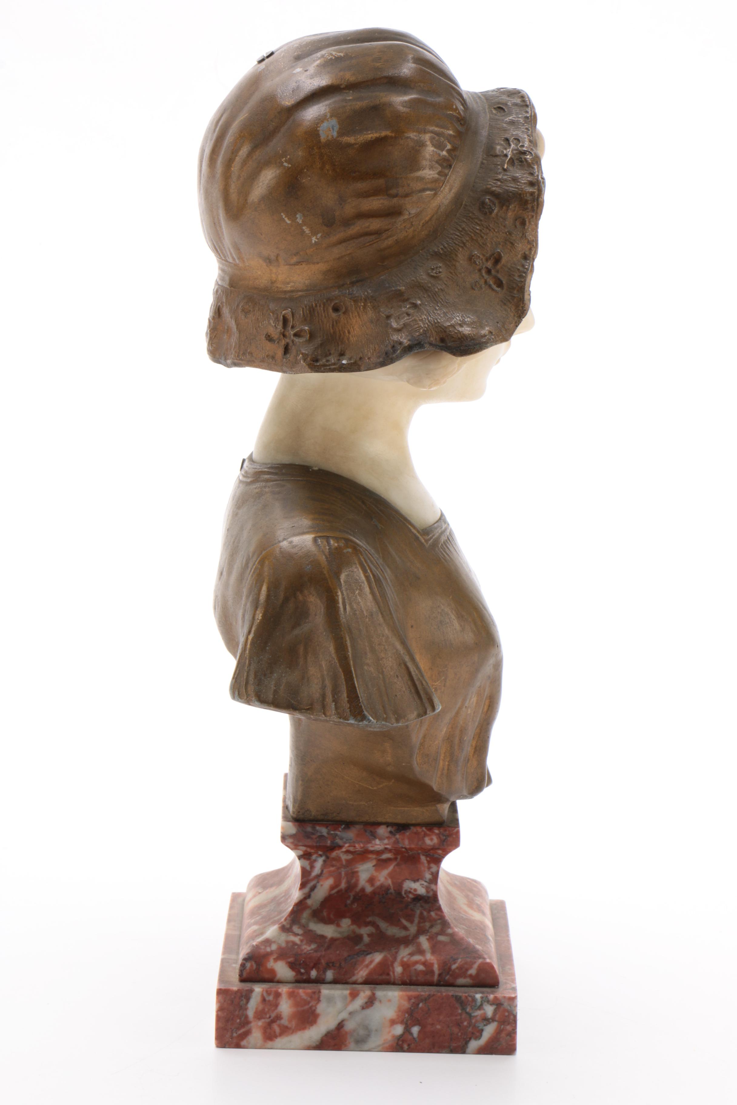 Art Deco Gilt Metal and Marble Female Bust after Affortunato Gory