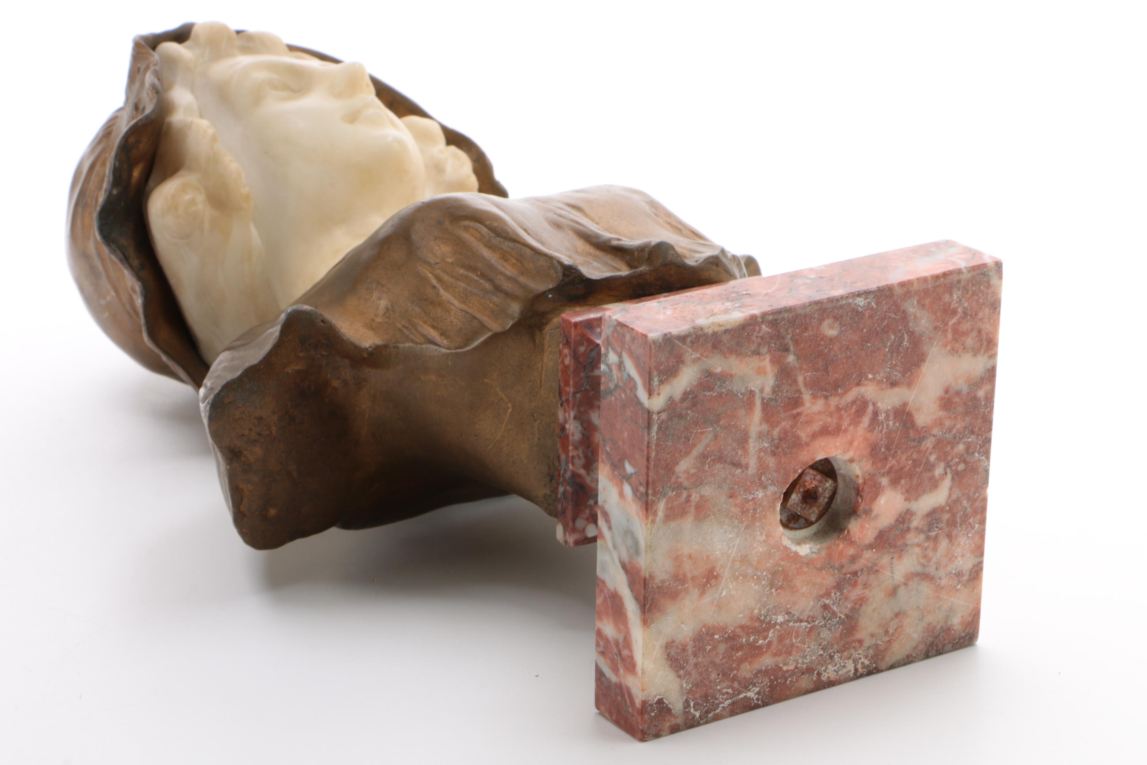 Art Deco Gilt Metal and Marble Female Bust after Affortunato Gory