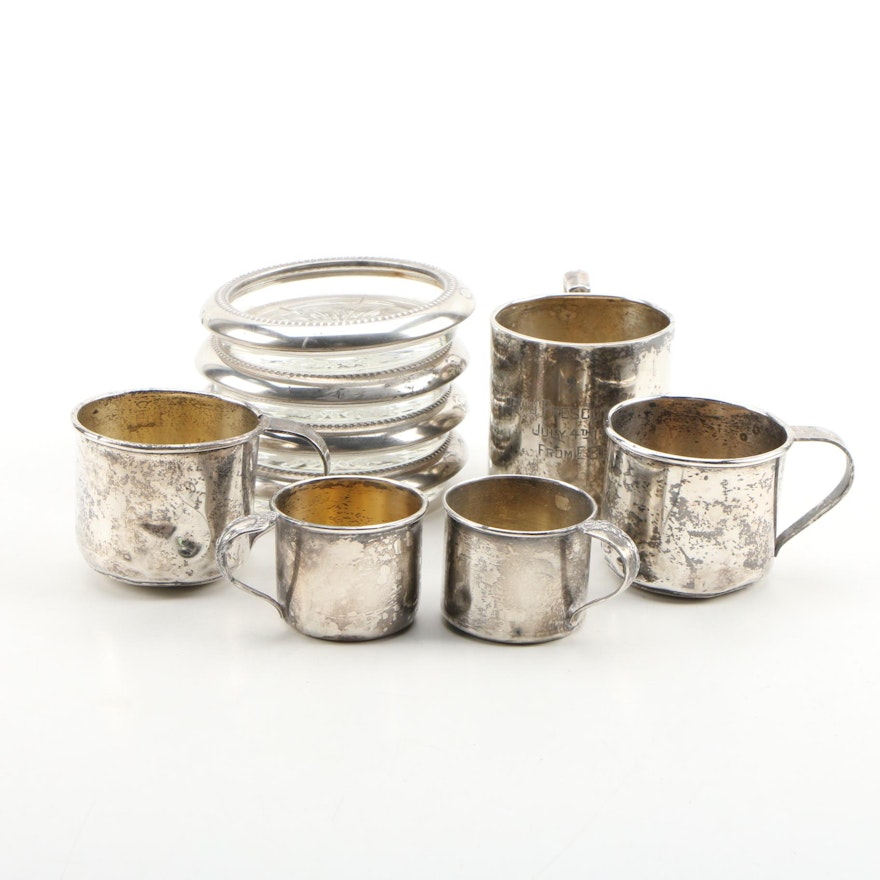 Webster and Other Sterling Silver Cups with Silver Plate and Glass Coasters