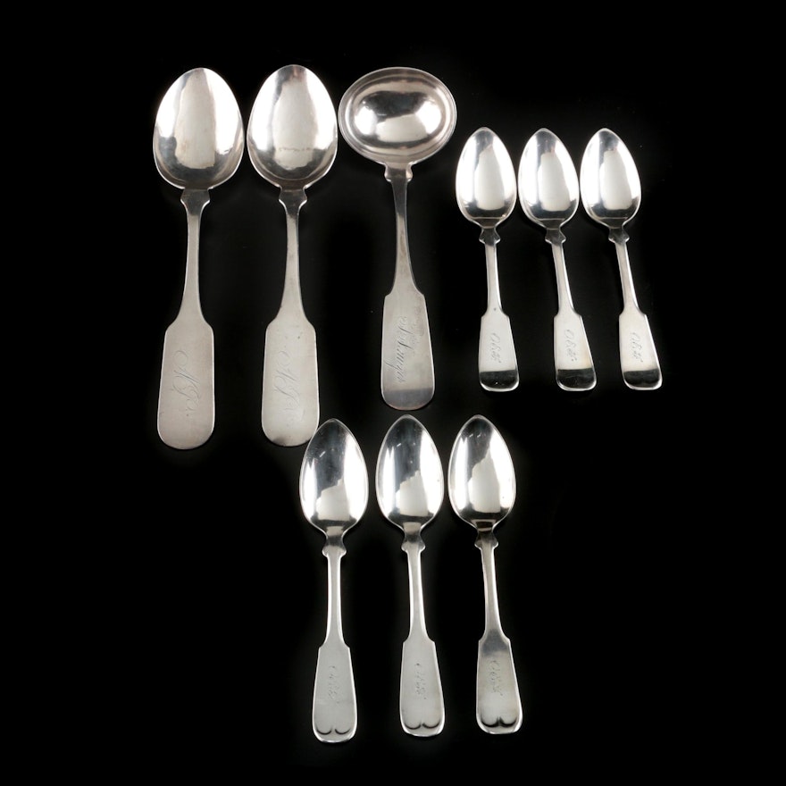 American Coin Silver Fiddle Handle Spoons and Ladle