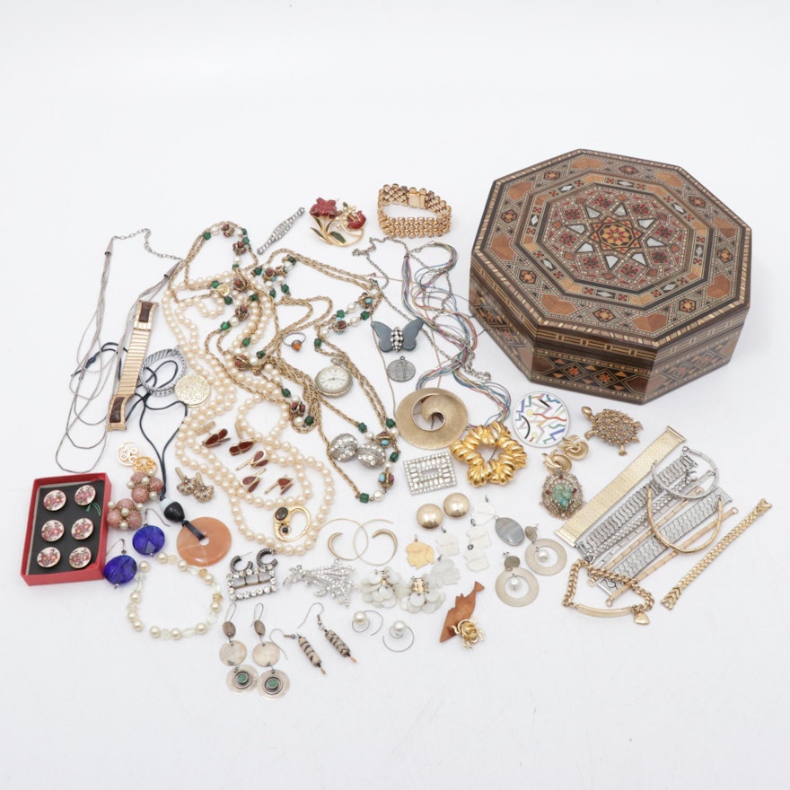 Costume Jewelry Assortment with Mother of Pearl Inlaid Jewelry Box