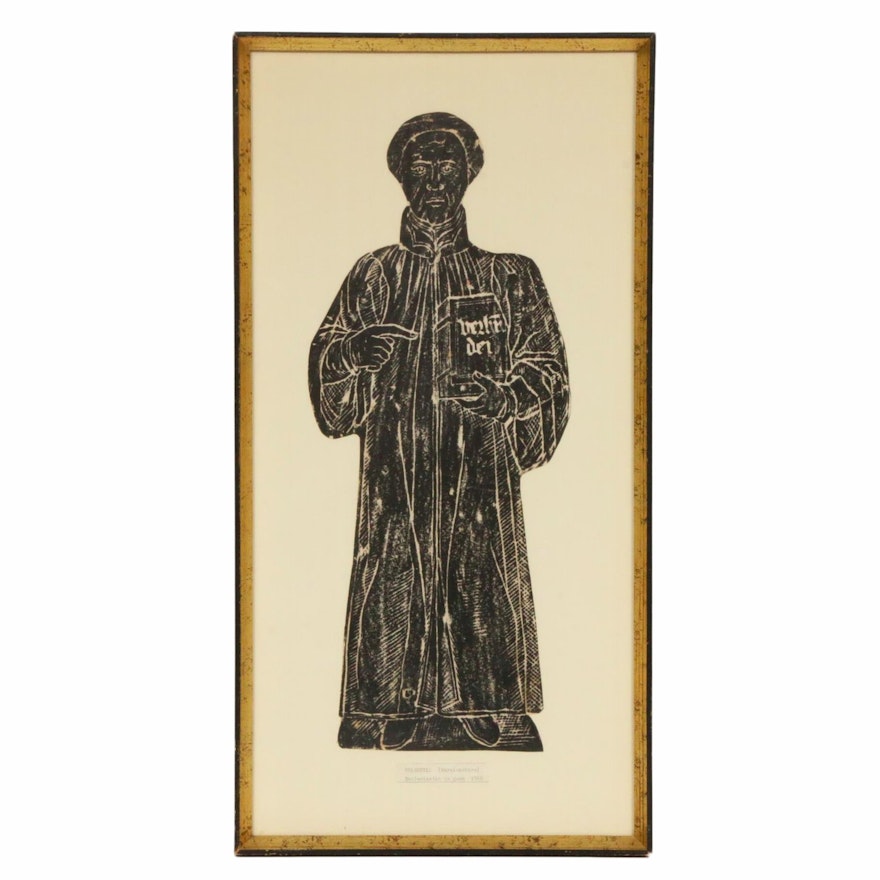 English Bas-Relief Charcoal Rubbing "Ecclesiastic in Gown"