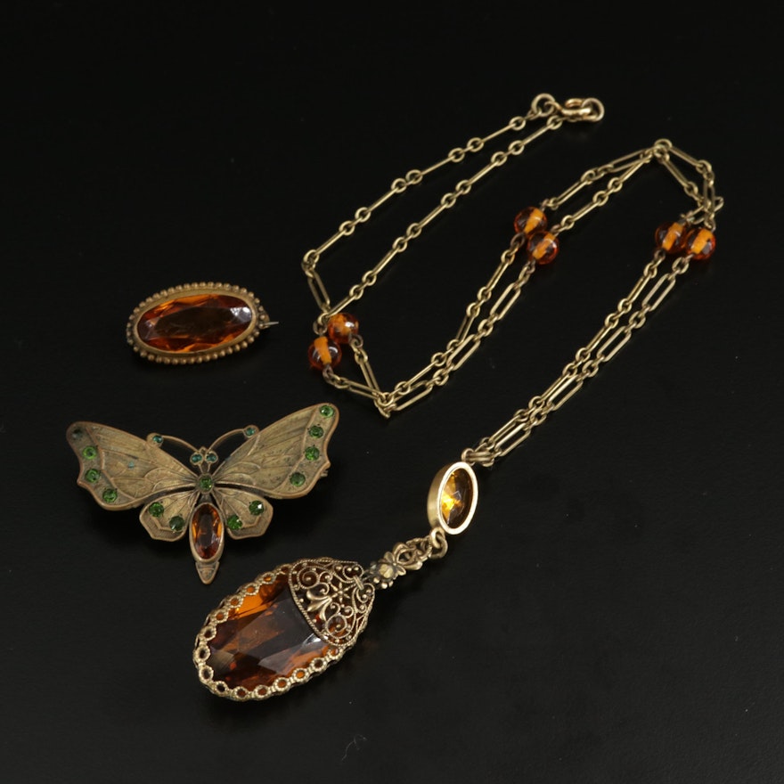Vintage Orange and Green Glass Necklace and Brooches Including Butterfly Brooch