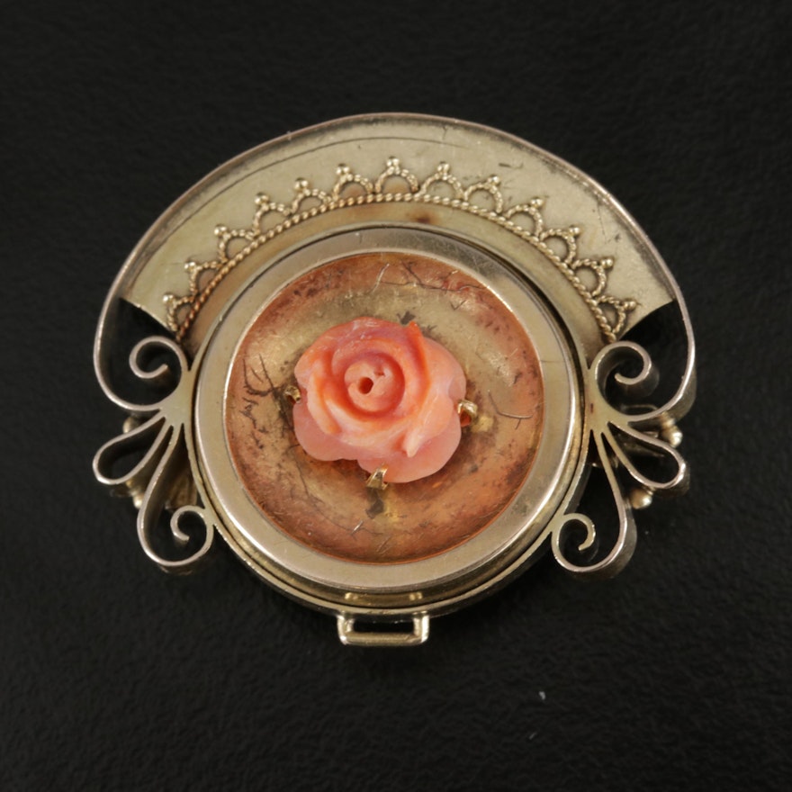Victorian 14K Yellow Gold Carved Coral Converter Brooch