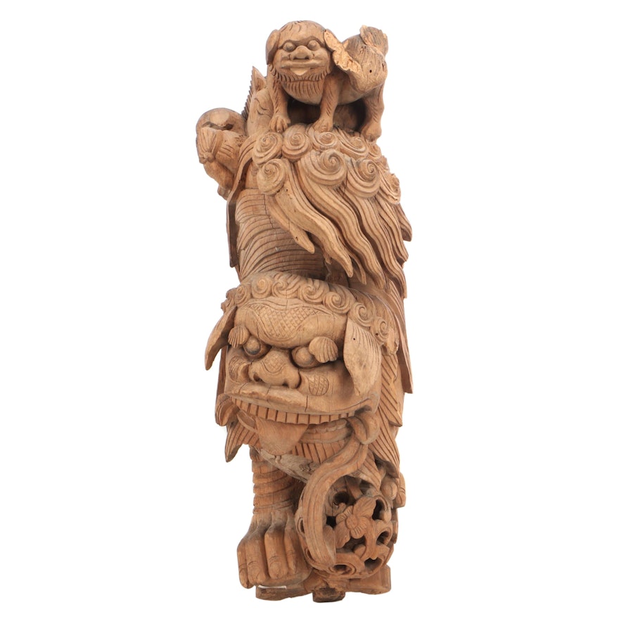 Chinese Guardian Lion Wooden Architectural Element