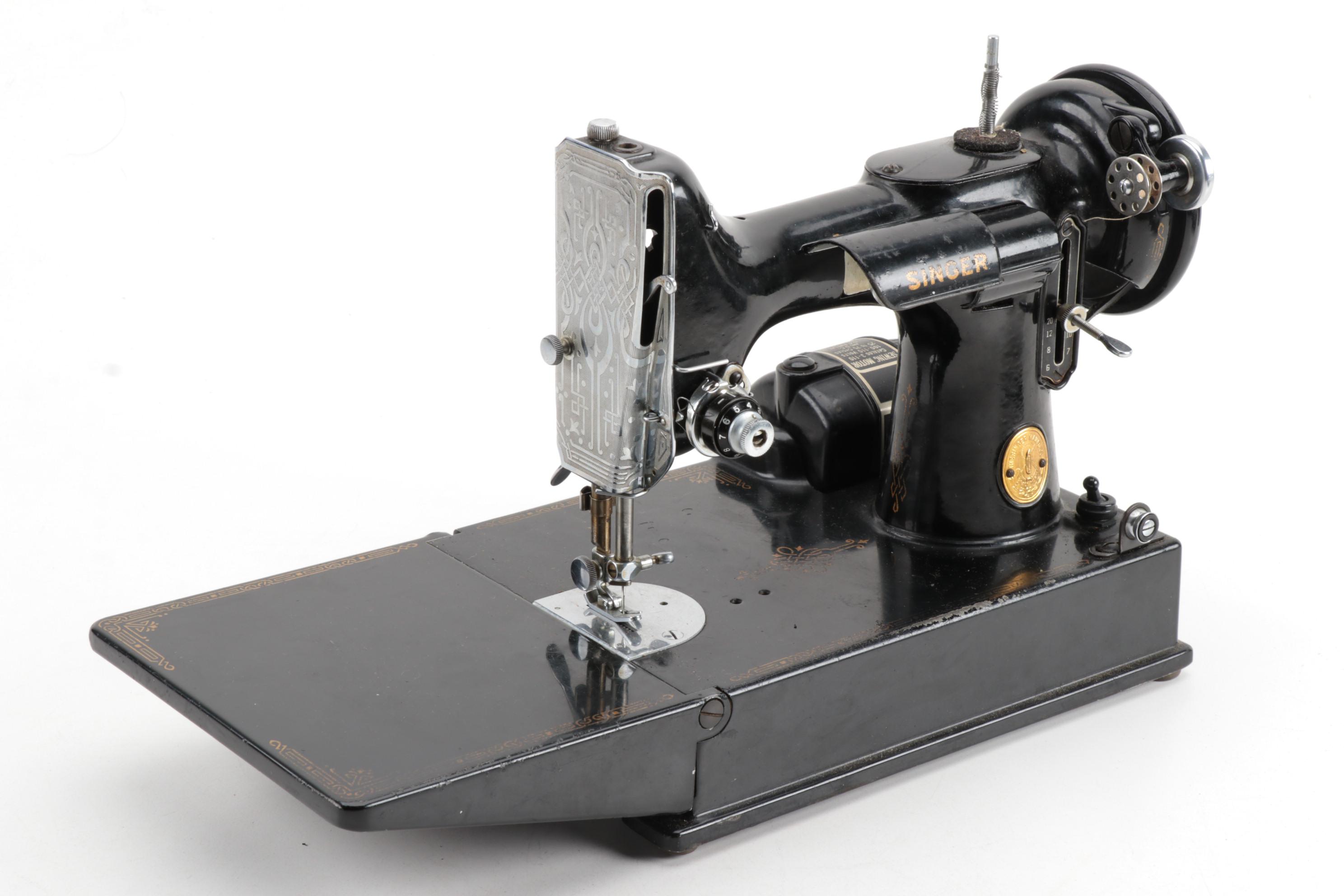 Singer Featherweight 221 Electric Sewing Machine With Case and Attachments, 1946