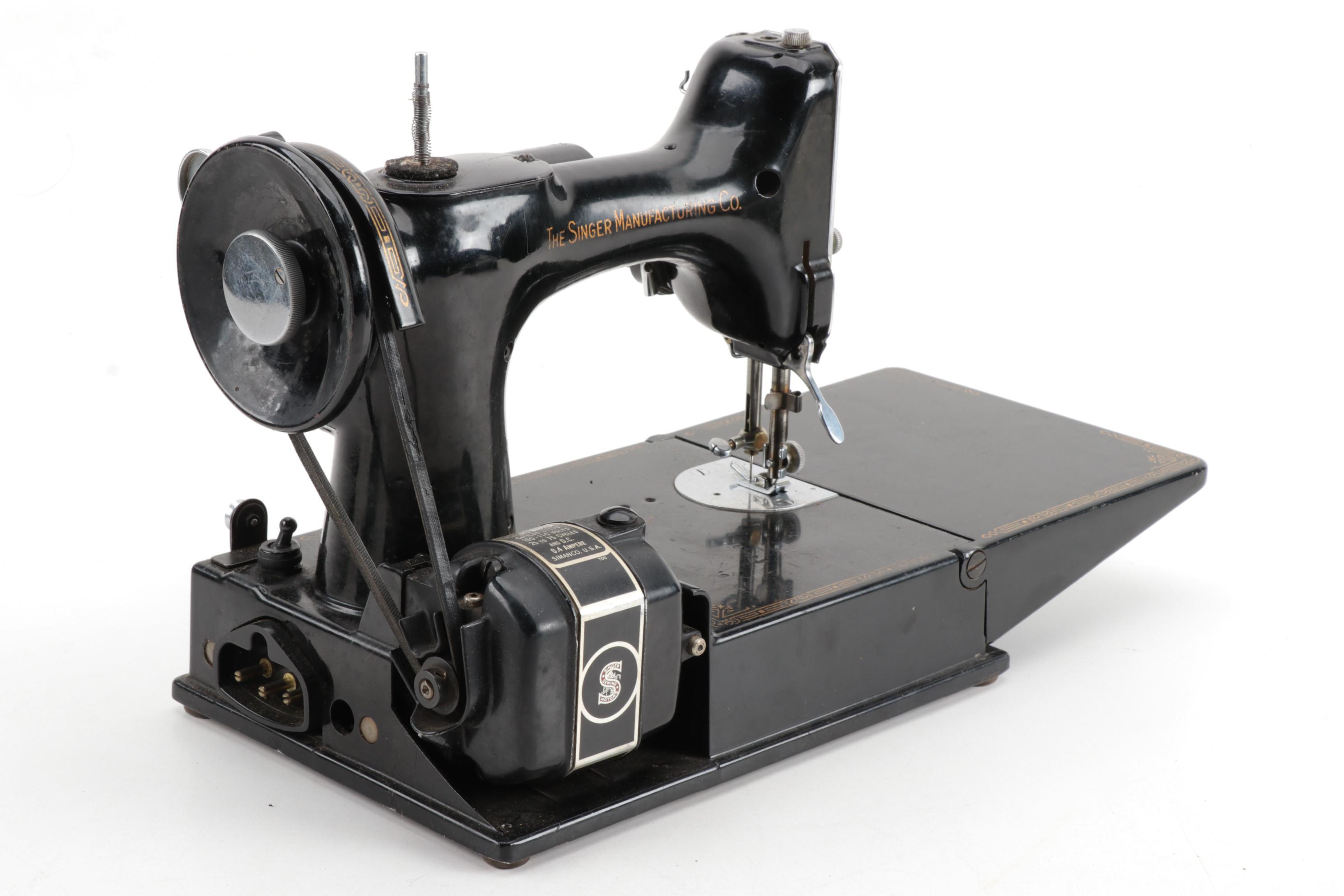 Singer Featherweight 221 Electric Sewing Machine With Case and Attachments, 1946