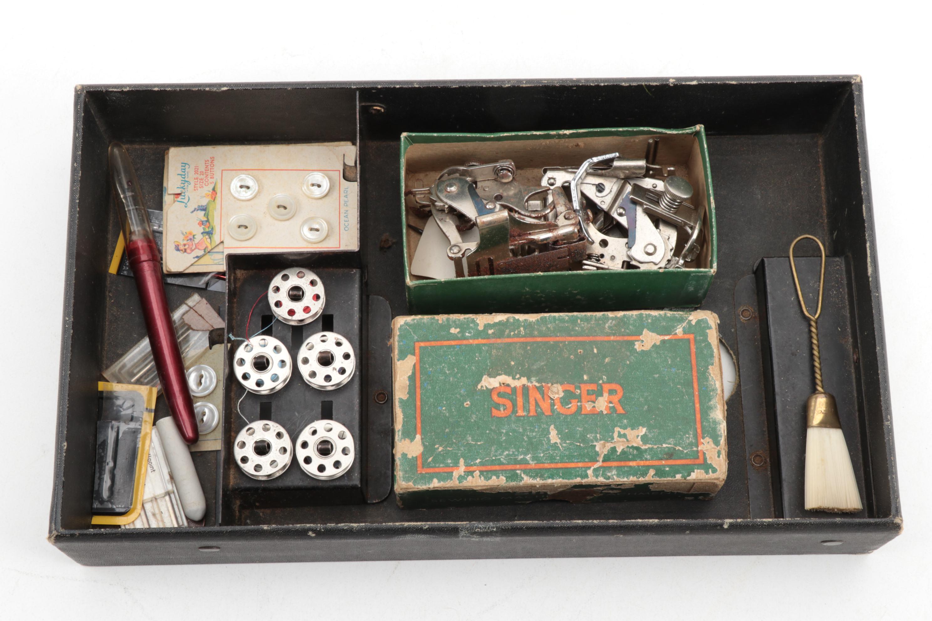 Singer Featherweight 221 Electric Sewing Machine With Case and Attachments, 1946