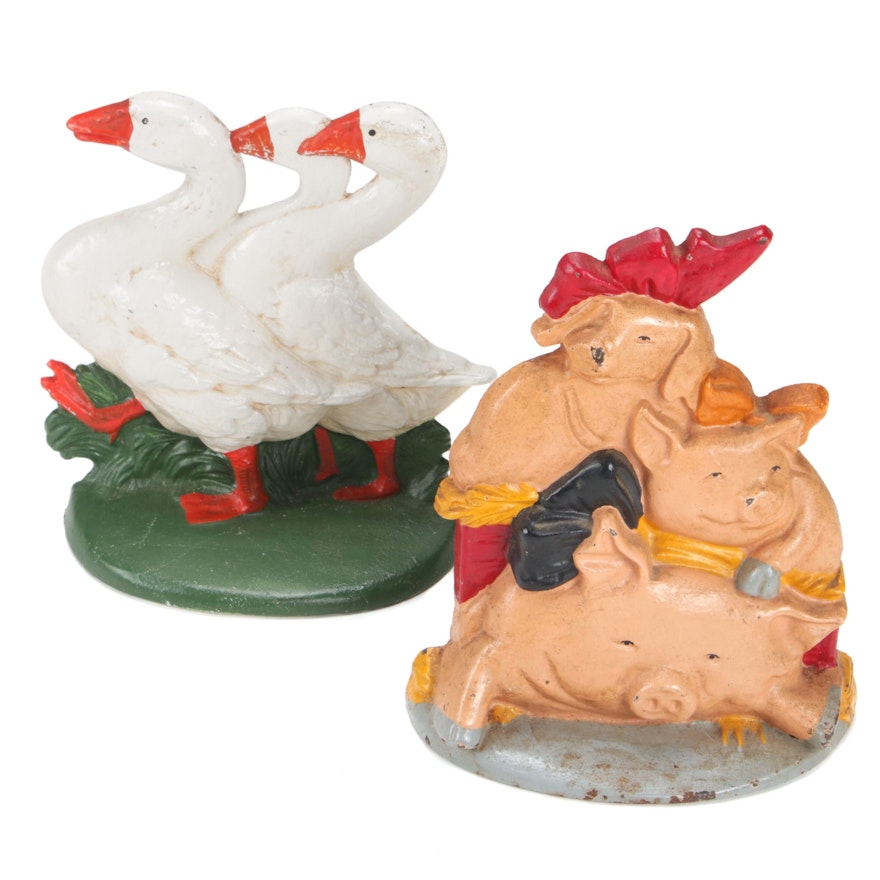 Hand-Painted Cast Iron Pigs and "Three Geese" Doorstops