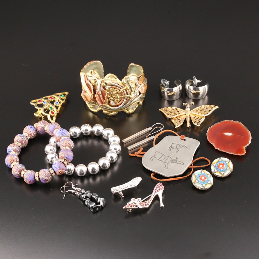 Assorted Jewelry Including Floral Cuff Bracelet and Articulated Butterfly Brooch