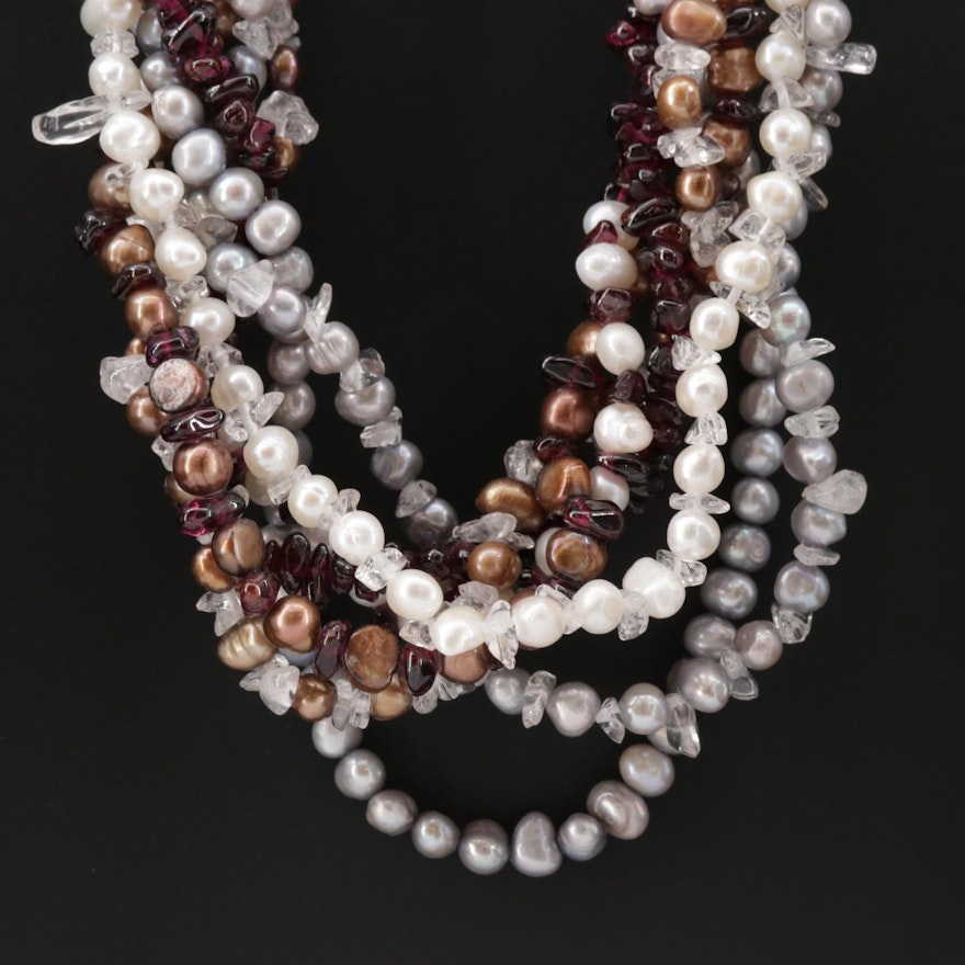 Sterling Silver Garnet, Quartz and Cultured Pearl Necklace