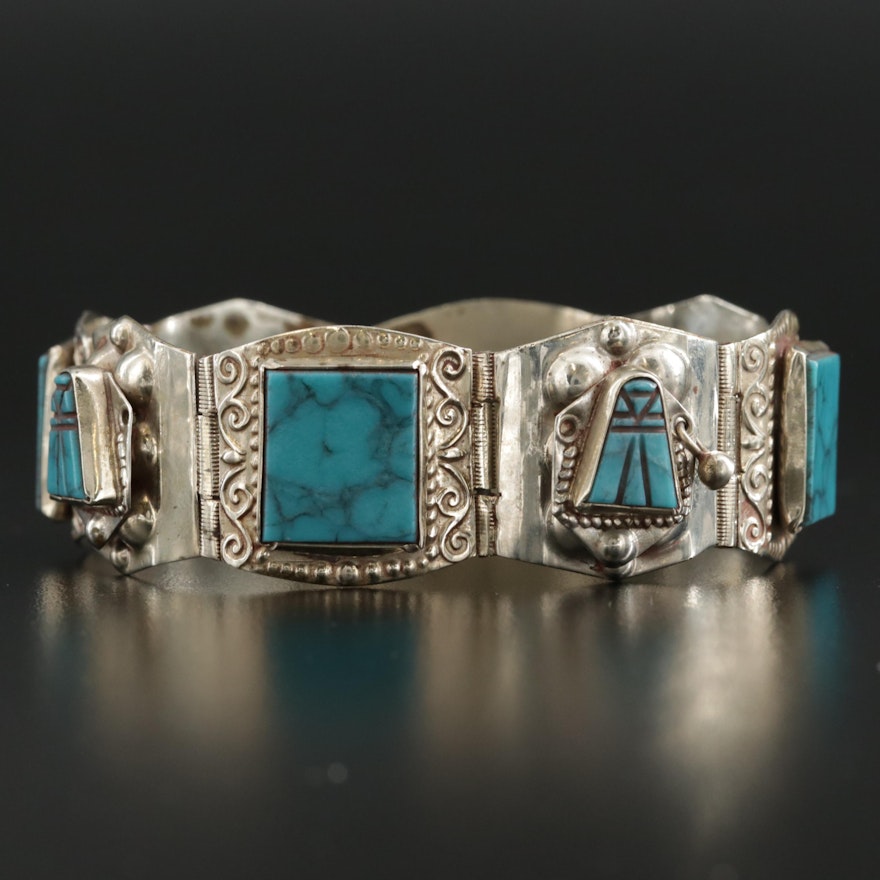 Mexican Taxco Sterling Silver Turquoise Panel Bracelet