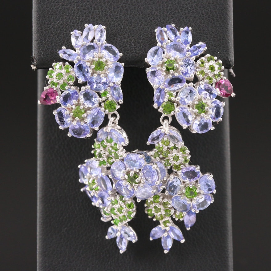 Sterling Silver Tanzanite, Diopside and Garnet Dangle Floral Earrings