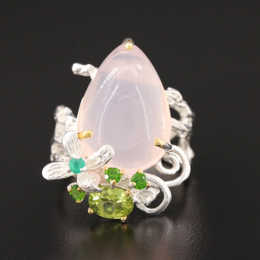 Sterling Silver Rose Quartz, Peridot and Diopside Ring