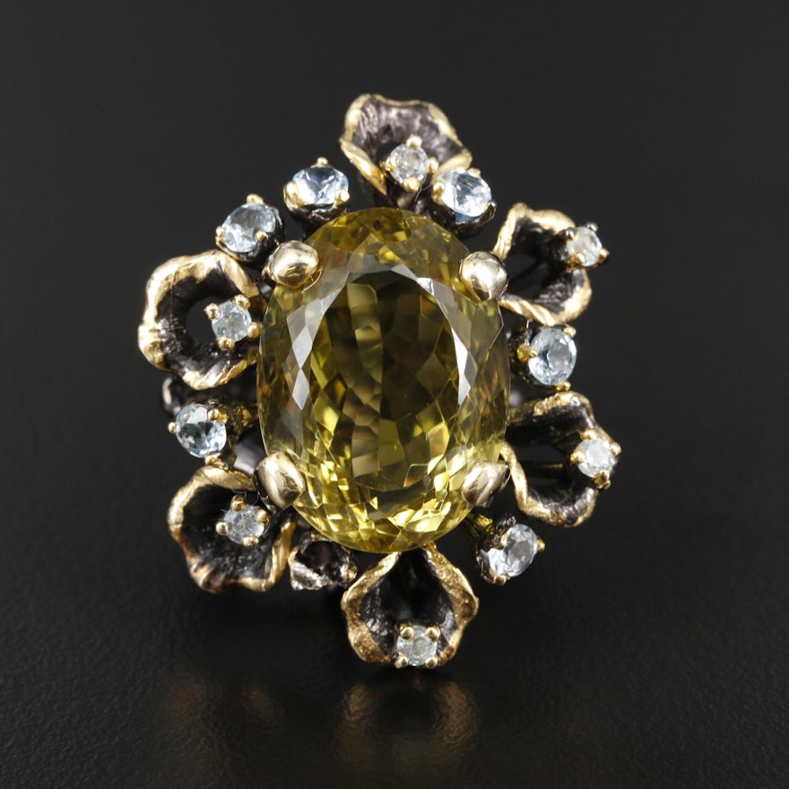 Sterling Silver Citrine and Blue Topaz Ring Featuring Natural Motif