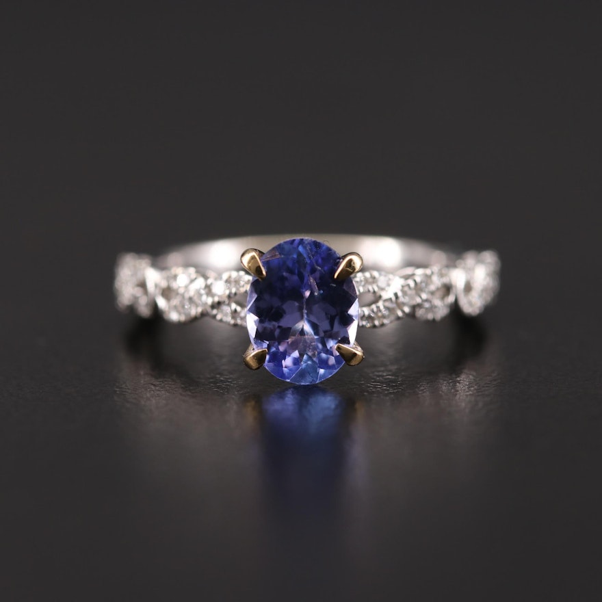 14K White Gold Tanzanite and Diamond Ring with Yellow Gold Head