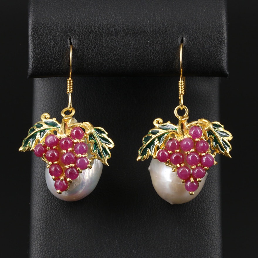 Sterling Silver Ruby, Cultured Pearl and Enamel Grape Dangle Earrings