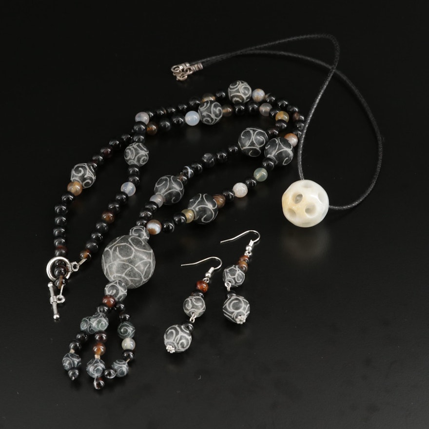 Onyx and Chalcedony Necklace and Earrings Set With Sterling Agate Necklace